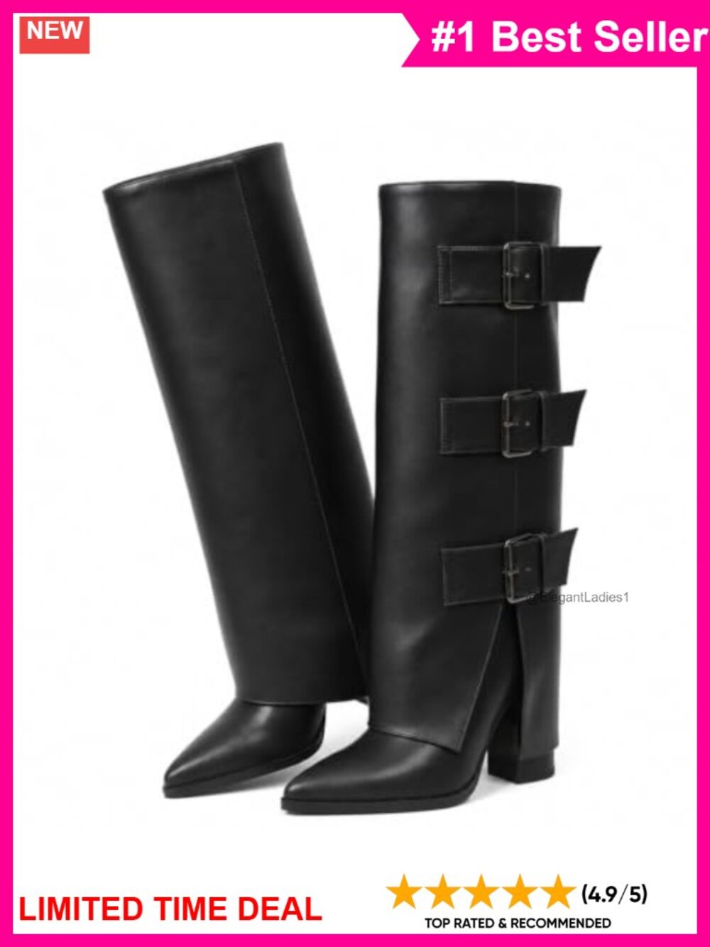 Faux Leather Fold Over Knee High Boots Pointed Toe Block Heel